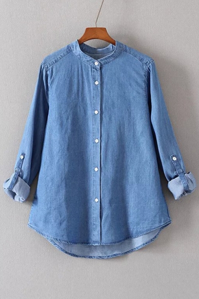 Women's Loose Long Sleeve Stand Up Collar Single Breasted Plain Denim Shirt