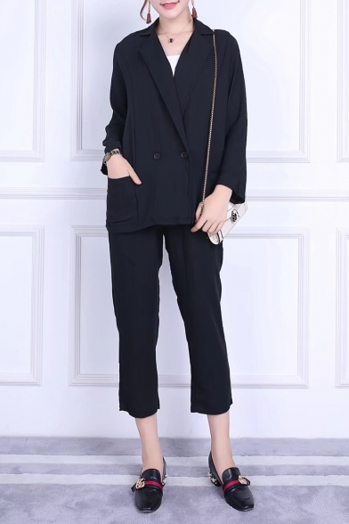 Casual Double Breasted Notched Lapel Long Sleeve Blazer with Elastic Waist Pants Plain Co-Ords