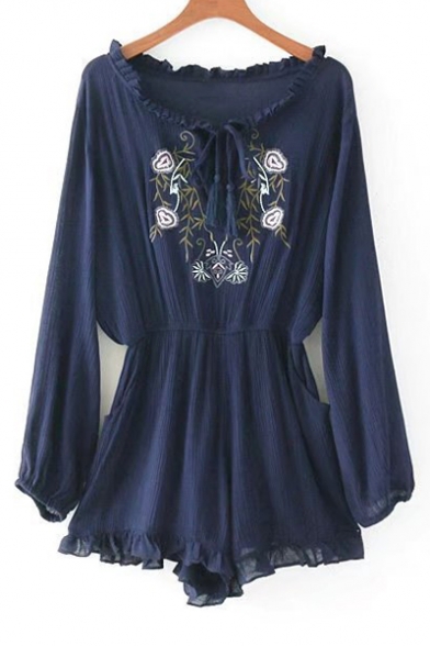 Casual Tied Round Neck Long Sleeve Embroidery Floral Pattern Rompers