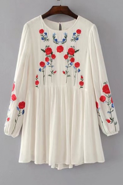 Chic Floral Embroidered Round Neck Long Sleeve Mini Smock Dress