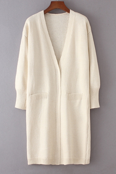 Chic Simple V-Neck Long Sleeve Plain Tunic Cardigan with Two Pockets