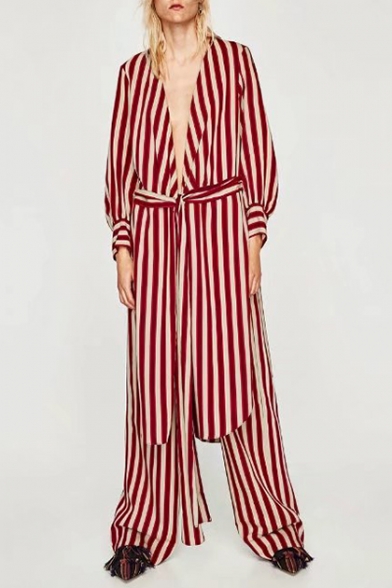 Classic Striped Pattern Plunge Neck Long Sleeve Dipped Hem Asymmetrical Dress