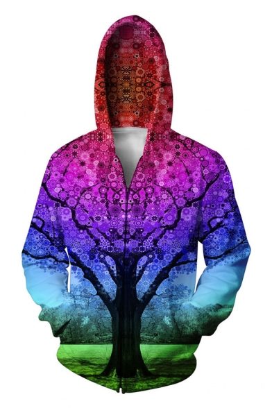 Color Block Tree 3D Printed Hooded Long Sleeve Zip Up Hoodie