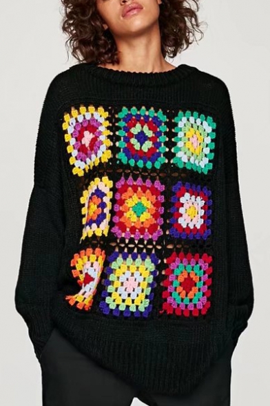 Contrast Knitted Sudoku Pattern Long Sleeve Round Neck Loose Pullover Sweater