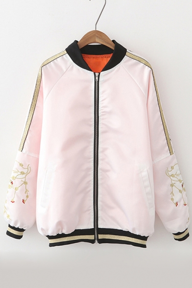 Embroidery Pattern Raglan Long Sleeve Stand-Up Collar Zip Fly Bomber Jacket