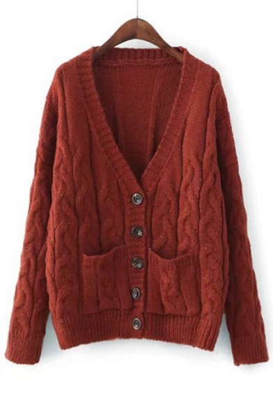 Fashion Cable Knit Long Sleeve Buttons Down Casual Cardigan with Double Pockets