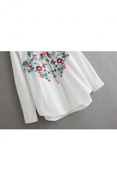 Fashion Contrast Embroidery Floral Pattern Tunic Button Down Shirt