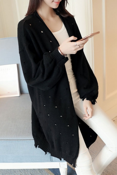 Fashion Hollow Out Puff Sleeve Long Sleeve Plain Open Front Cardigan