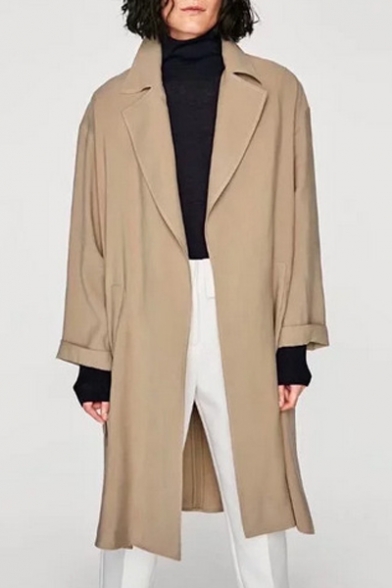 Fashion Notched Lapel Collar Open Front Long Sleeve Plain Trench Coat
