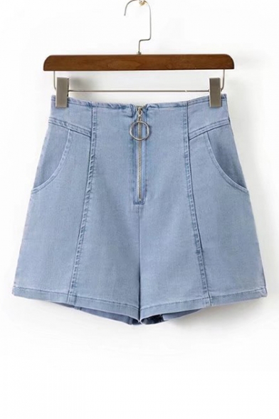 High Waist Retro Blue Plain Ring Zip Up Loose Denim Shorts with Slanting Pockets