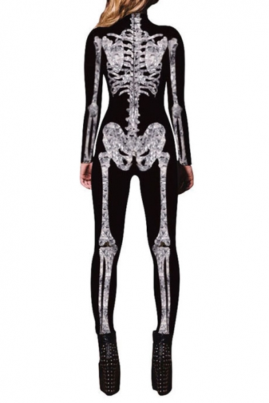 New Arrival Chic Skeleton Pattern Long Sleeve Skinny Jumpsuits
