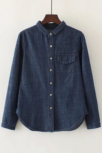 New Arrival Lapel Single Breasted Long Sleeve Denim Shirt with One Pocket