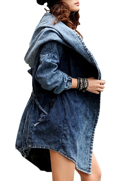 New Collection Fashion Street Style Hooded Long Sleeve Plain Denim Coat