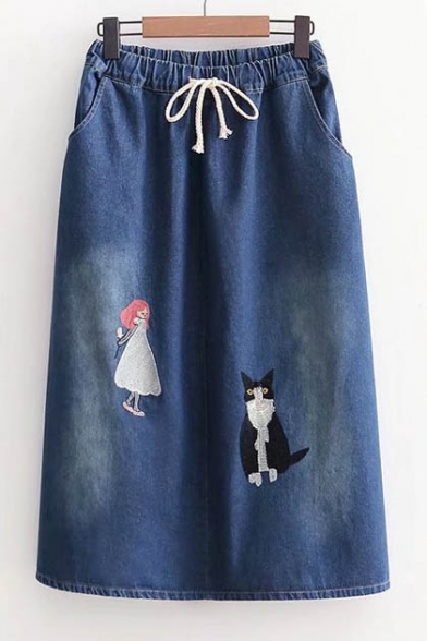New Fashion Cartoon Girl Cat Embroidered Drawstring Waist Midi Denim Skirt