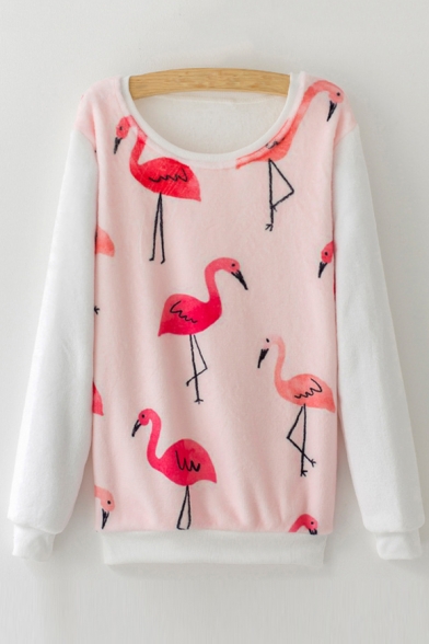 New Fashion Flamingo Pattern Long Sleeve Round Neck Pullover Sweatshirt