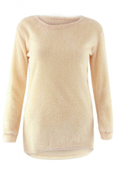 New Stylish Winter's Simple Plain Round Neck Long Sleeve Dipped Hem Sweater