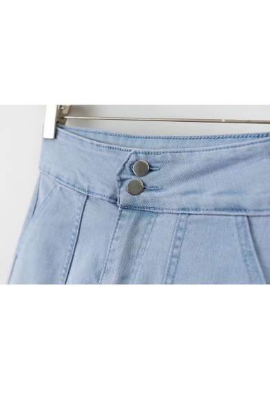 New Trendy High Waist Double Buttons Fly Plain Loose Denim Shorts