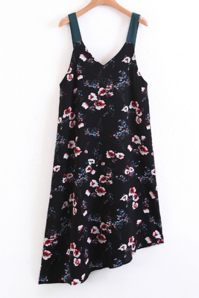 Retro Floral Pattern Sleeveless Straps Midi Asymmetrical Slip Dress