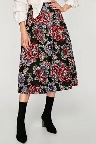 Summer's Chic Floral Pattern Zip Side Midi A-Line Skirt