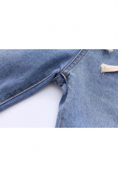 Women'S Drawstring Elastic Waist Ripped Straight Jeans