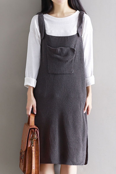 Basic Simple Plain Fashion Split Side Midi Knit Overall Dress with Single Pocket