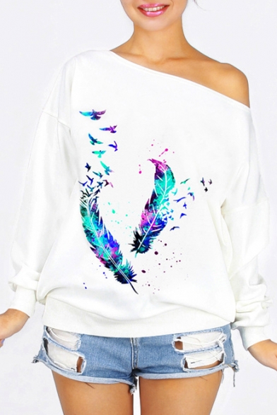 Chic Bird Feather Printed Off the Shoulder Long Sleeve Pullover Sweatshirt