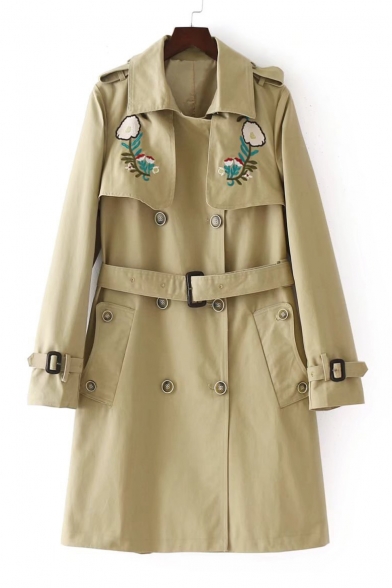 Chic Floral Embroidered Lapel Collar Long Sleeve Double Breasted Trench Coat
