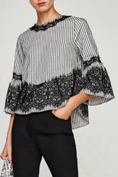 Chic Lace Inserted Striped Pattern Round Neck Flared Sleeve Blouse