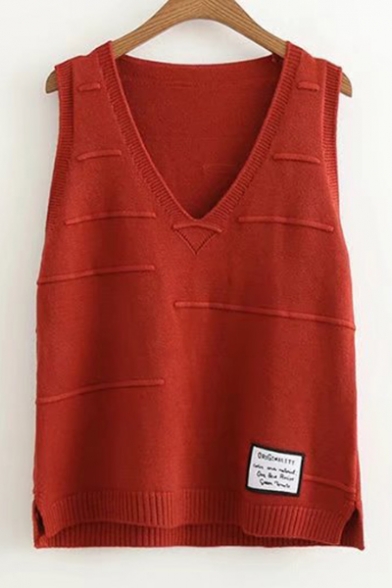 Chic Letter Embroidered Patched V Neck Sleeveless Tank Sweater
