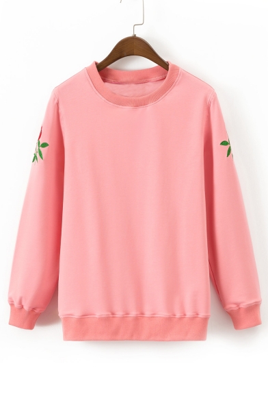 Chic Rose Embroidered Long Sleeve Round Neck Casual Pullover Sweatshirt