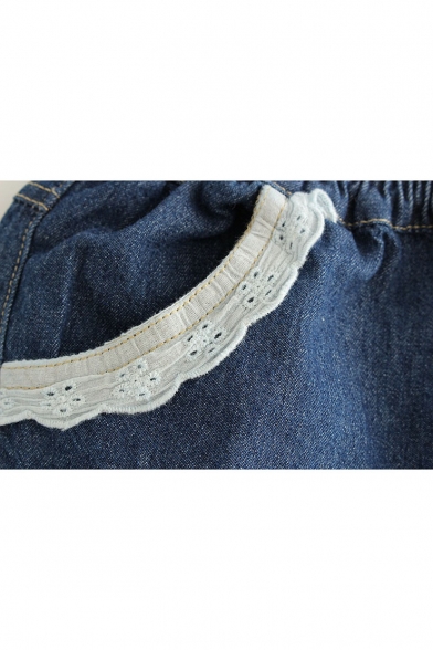 Contrast Embellished Pockets Trim Elastic Waist Casual Jeans