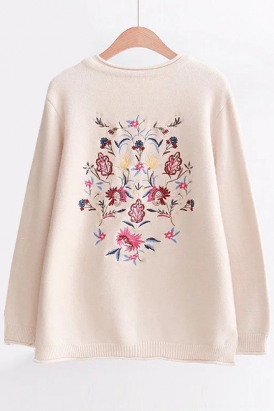Contrast Pockets Embroidery Floral Back Round Neck Single Breasted Cardigan