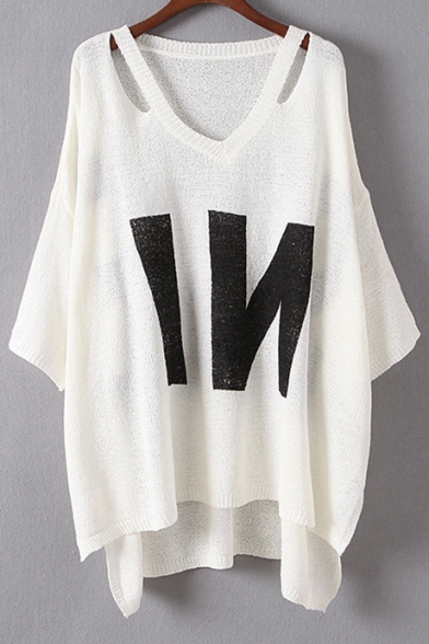 Cutout V-Neck Long Sleeve Contrast IN Letter Pattern Tunic Sweater