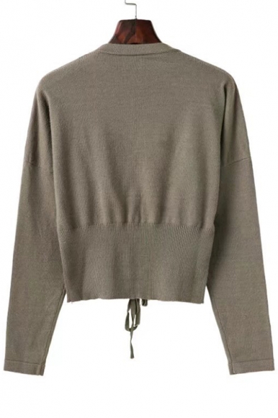 Elastic Round Neck Long Sleeve Plain Sweater