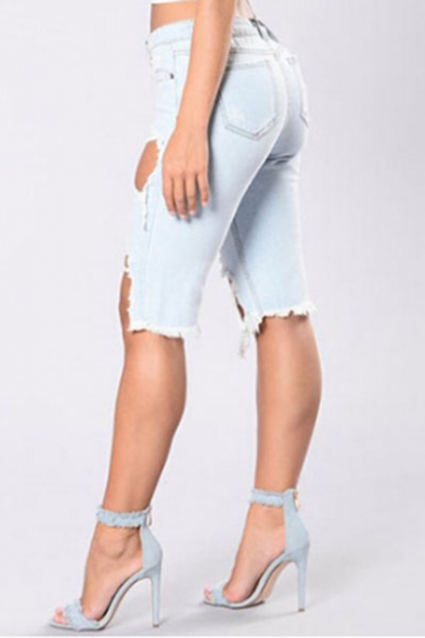 Fashion Cutout Ripped Asymmetric Hem Plain Denim Shorts