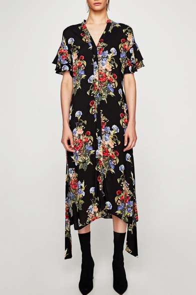 Fashion Floral Printed V-Neck Button Down Split Sides Midi Dress