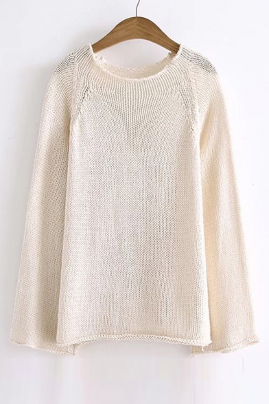 Fashion Folded Trim Round Neck Long Sleeve Basic Plain Pullover Sweater