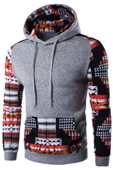 Hot Fashion Tribal Printed Color Block Long Sleeve Hoodie with Pockets