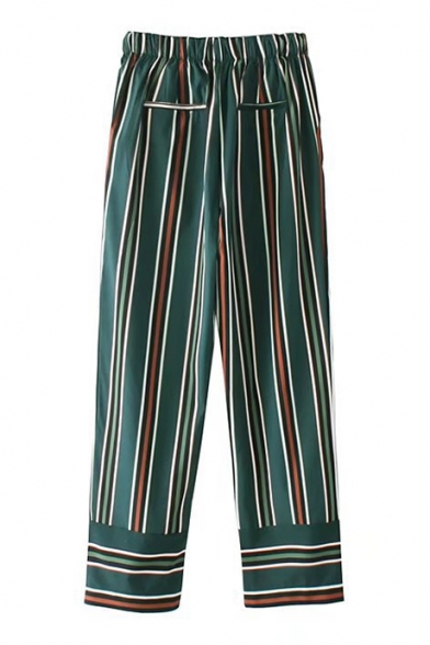 New Arrival Chic Striped Pattern Elastic Waist Loose Wide Legs Pants