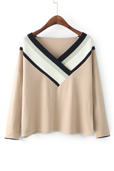 New Arrival Fashion Color Block Striped Pattern V Neck Long Sleeve Sweater