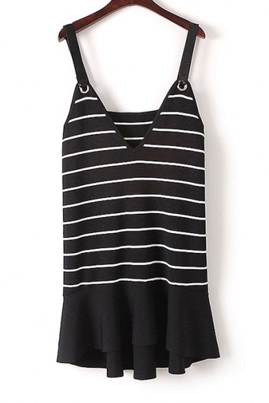 New Arrival Sleeveless V-Neck Striped Leather Straps Midi Knitted Cami Dress