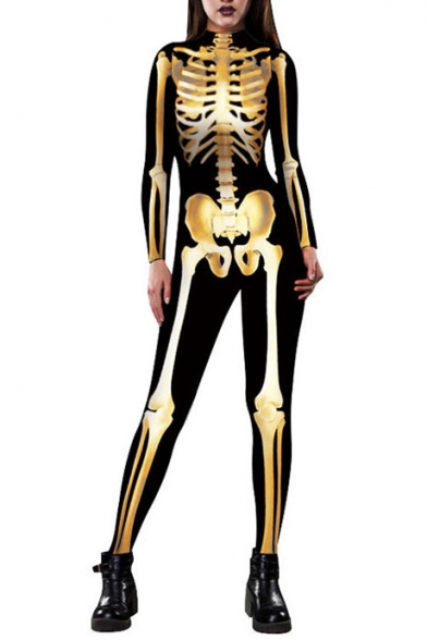 New Fashion Metallic Skeleton Pattern Long Sleeve Close-Fitted Jumpsuits