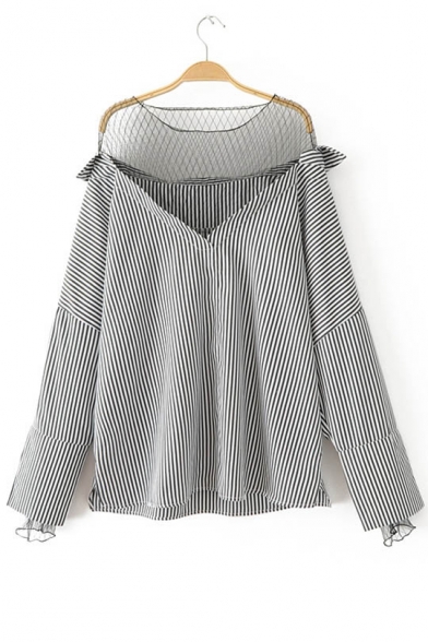 Sheer Mesh Patchwork Striped Dropped Long Sleeve Blouse