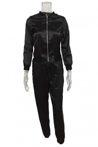 Simple Plain Stand-Up Collar Long Sleeve Zip Up Coat with Sports Pants