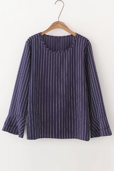 Simple Vertical Striped Long Sleeve Round Neck Blouse