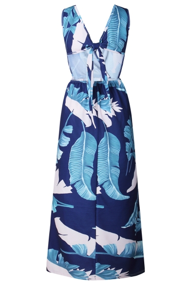 Summer's Floral Pattern Sexy Plunge Neck Hollow Waist Slit Front Maxi Beach Dress