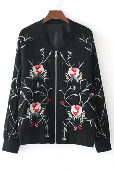 Symmetric Floral Embroidered Zipper Placket Stand-Up Collar Coat