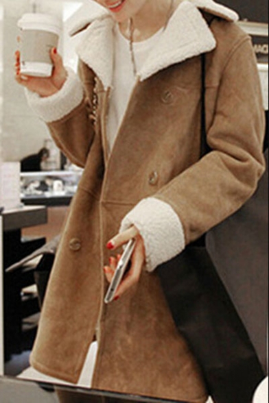 Winter's Warm Notched Lapel Collar Long Sleeve Double Breasted Suede Coat