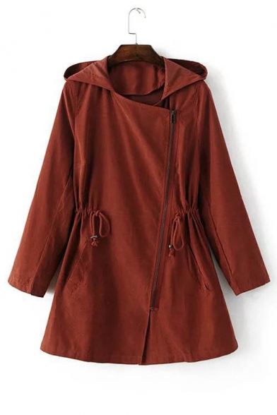 Women's Drawstring Waist Hooded Oblique Zip Fly Plain Tunic Coat