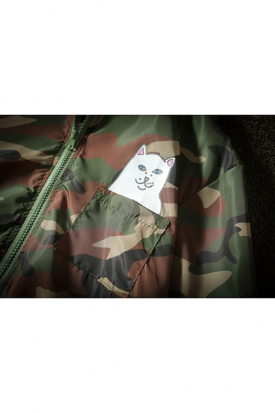 Cartoon Cat Printed Classic Camouflage Pattern Zip Up Hooded Coat